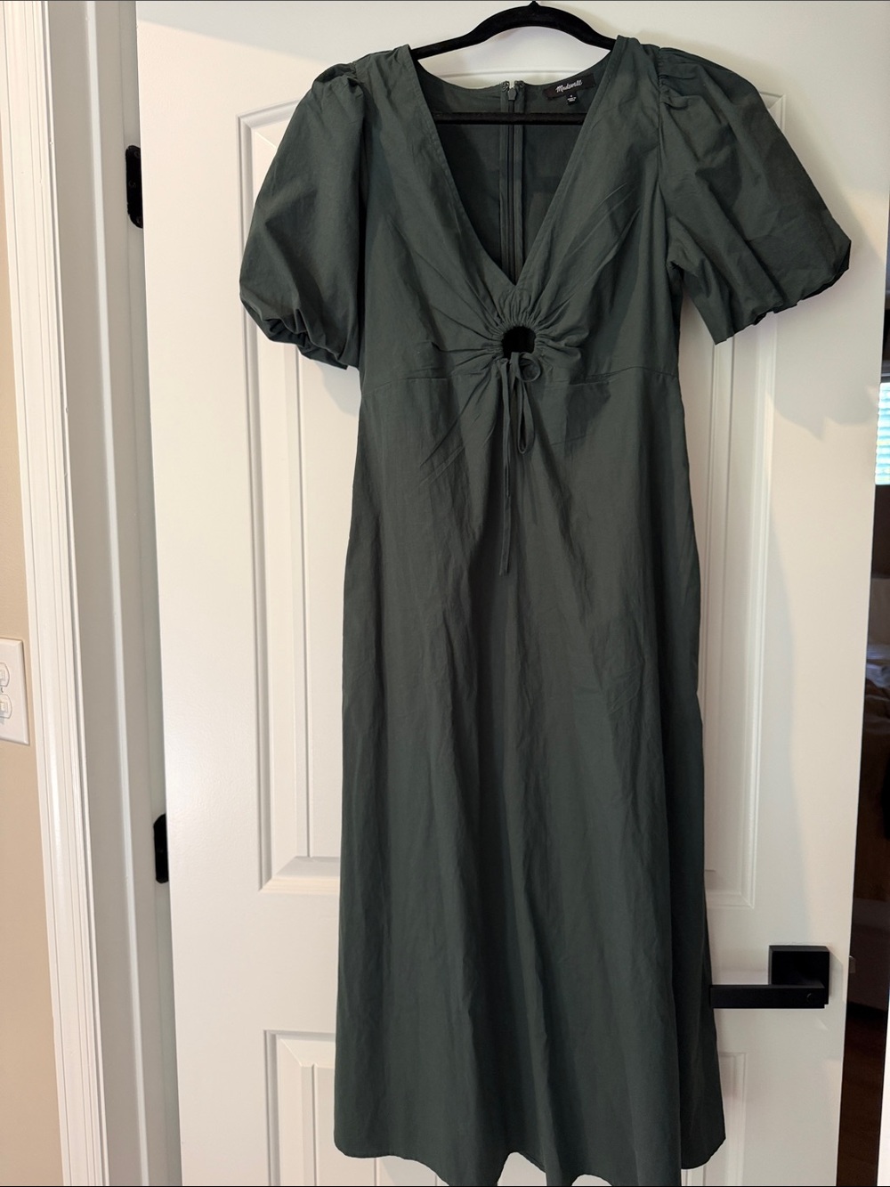 Madewell Dark Olive Puff-Sleeve Midi Dress